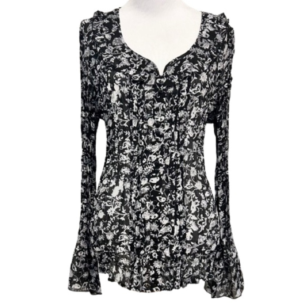 Vintage Y2K Button Down Pleated Blouse Bell Sleeve Sheer Whimsigoth Top Size L